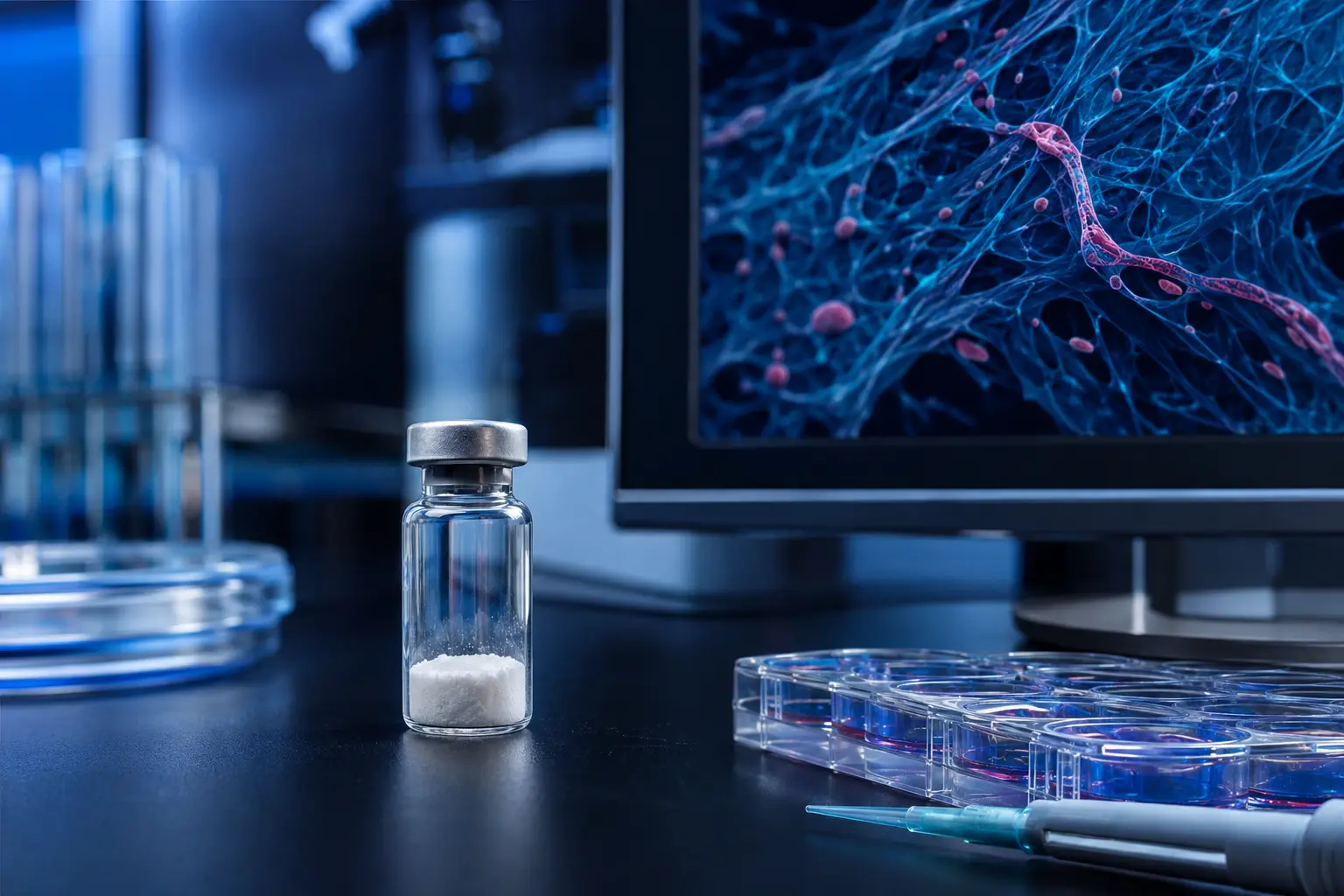 Unbranded peptide research vial beside tissue-repair cell-culture imagery