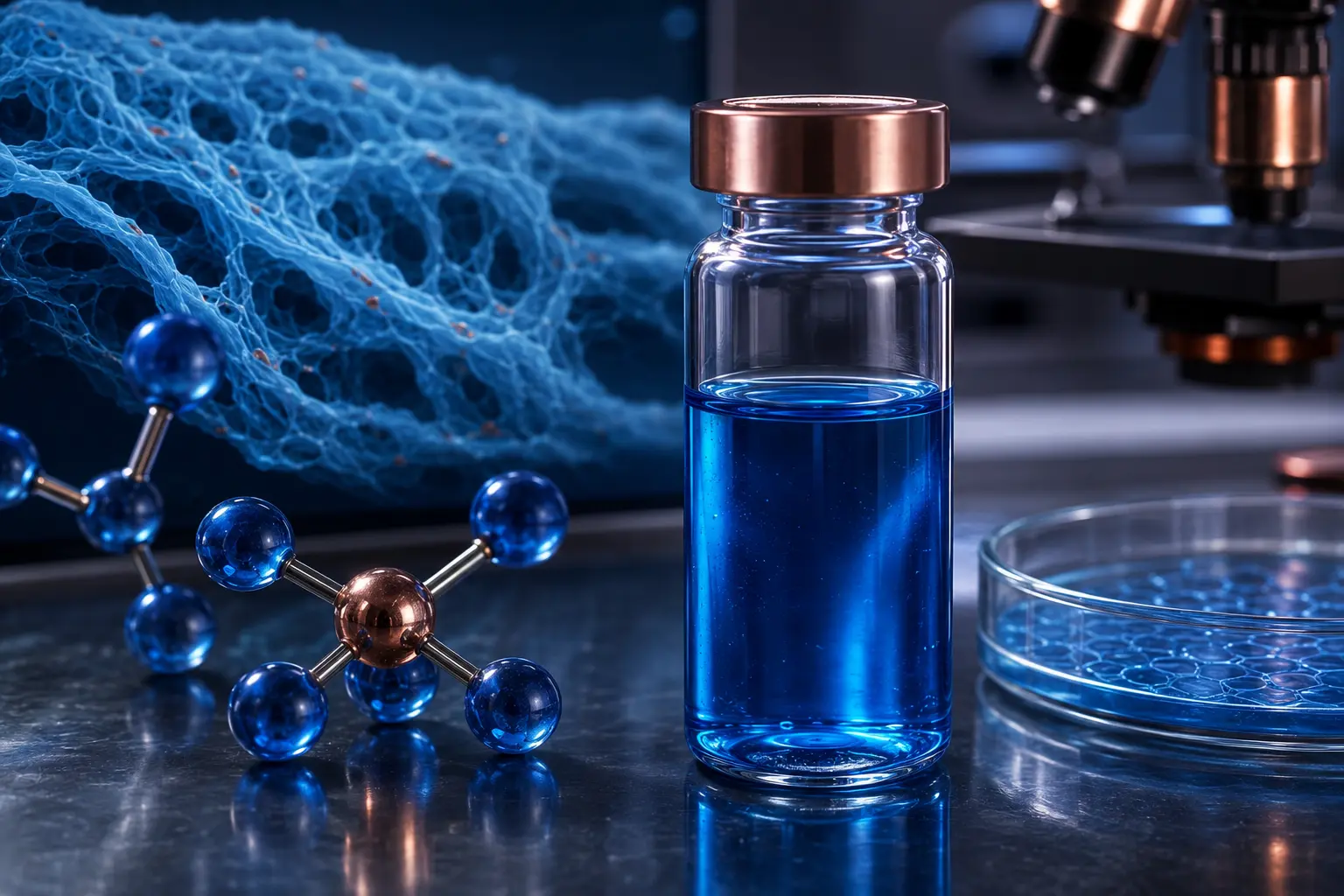 Copper-blue peptide research sample with a copper-centered molecular model