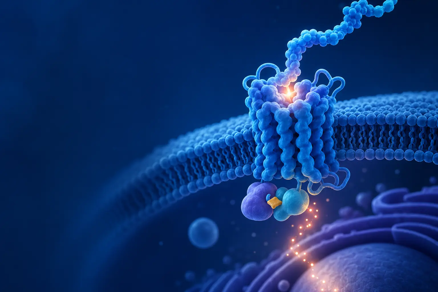 Conceptual peptide ligand interacting with a receptor in a cell membrane